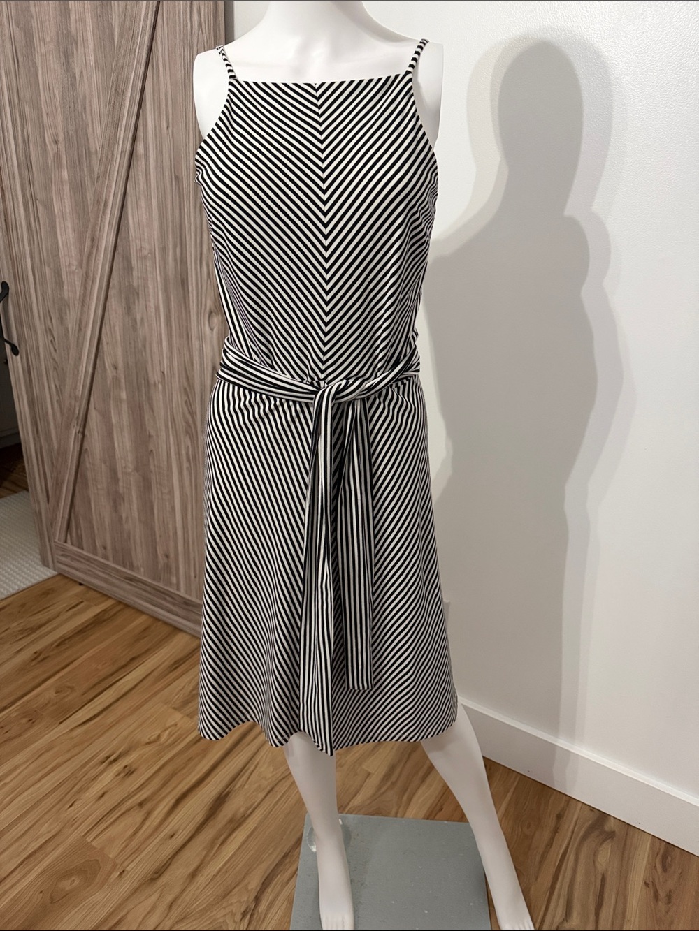 Ann Taylor Black and White Striped Tie-Waist Midi Dress